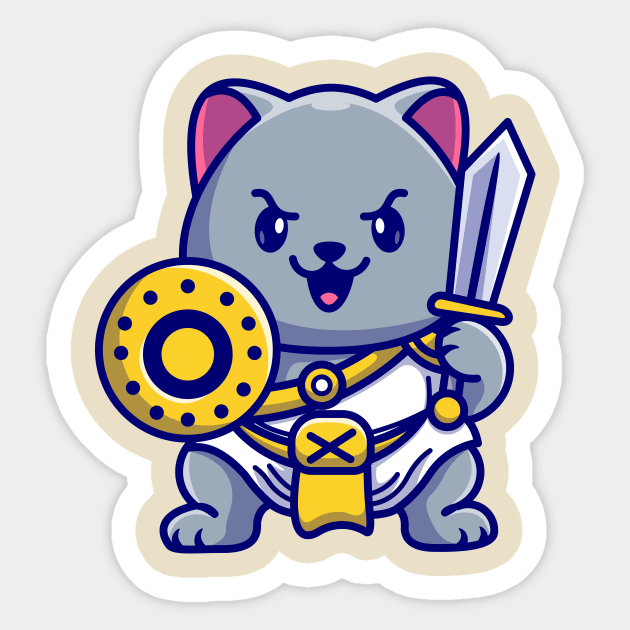 Cute Cat Gladiator Warrior Holding Sword And Shield Cartoon Sticker by Catalyst Labs